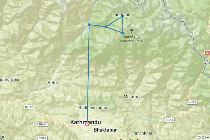 Carte du circuit Trek dans la vallée du Langtang - 10 jours