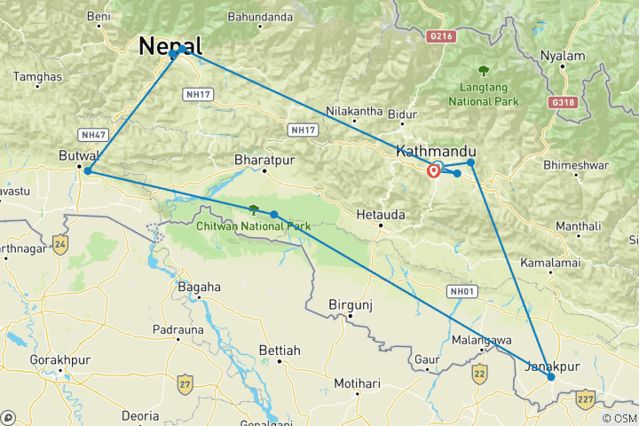 Kaart van Het beste van Nepal rondreis 10 dagen