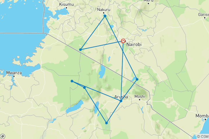 Map of 12 Days Kenya & Tanzania Budget Group Camping Jeep Safari