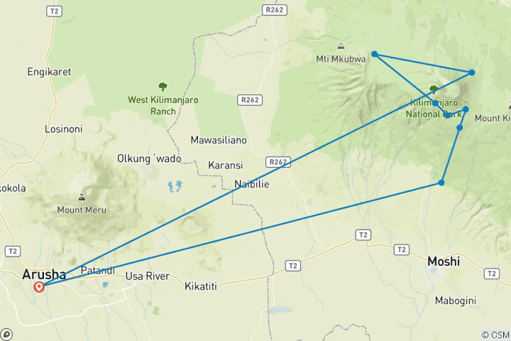 Map of 8 Days Kilimanjaro Climb Lemosho Route