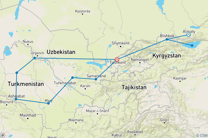 Carte du circuit Circuit en Asie centrale de 16 jours, avec départ d'Almaty