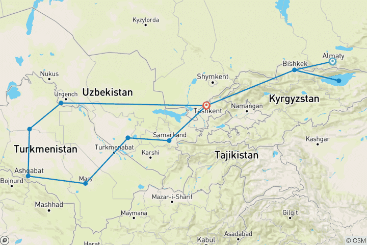 Map of Central Asia Tour 16 Days, Start in Almaty
