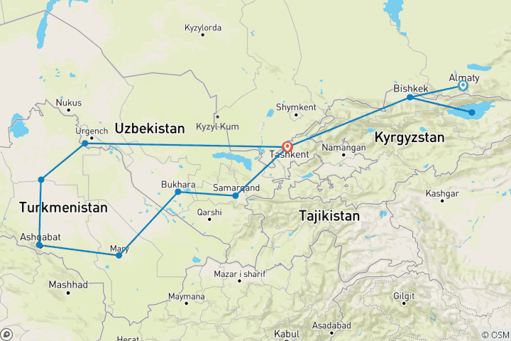 Map of Central Asia Tour 16 Days, Start in Almaty