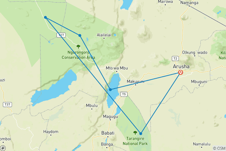 Map of 6 Day Camping safari in Northern Tanzania