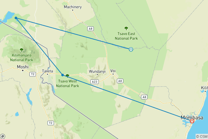 Map of 6 Day Mid Range Safari from Mombasa Kenya