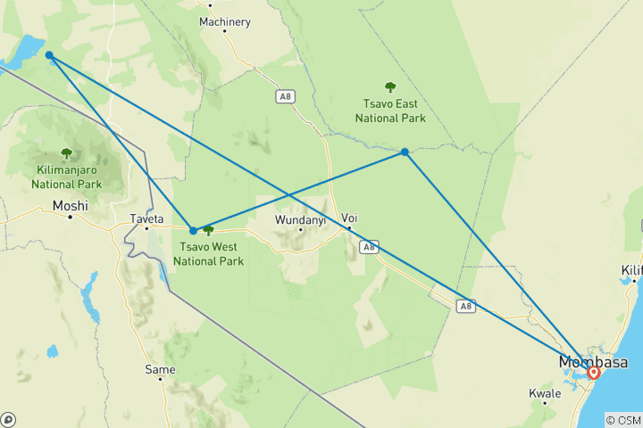Karte von 6 Tage Safari ab Mombasa