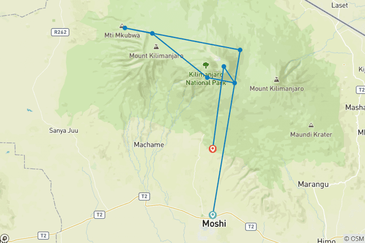 Map of 8 Day Kilimanjaro Trekking Lemosho Route