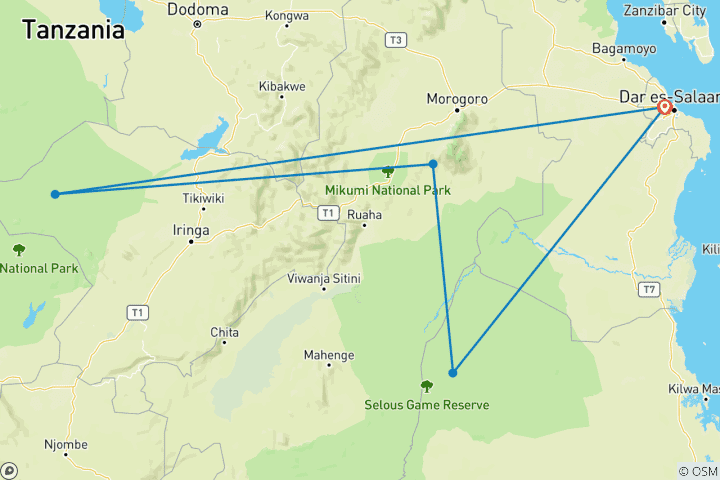 Map of 8 Day Best of Selous, Mikumi and Ruaha National Park