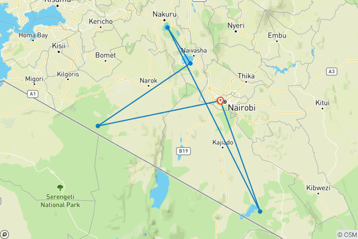 Kaart van 6 daagse Masai Mara/ L.Nakuru / Amboseli safari