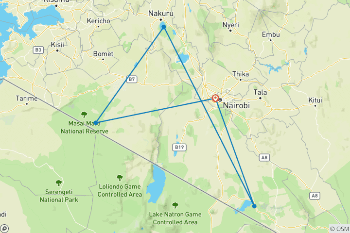 Mapa de Safari de 6 días Masai Mara/ L.Nakuru / Amboseli