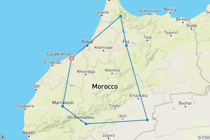 Mapa de Circuitos a Marruecos - 6 días desierto del Sahara y ciudades imperiales desde Casablanca