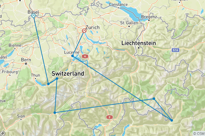 Kaart van Bergtoppen van Zwitserland – van Basel naar Zürich – 2024