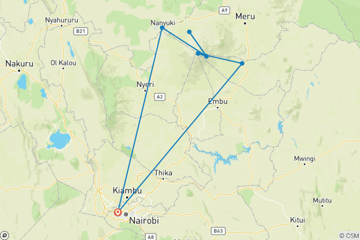Carte du circuit Trek de 6 jours au Mont Kenya : Aventure sur la route de Sirimon à Chogoria