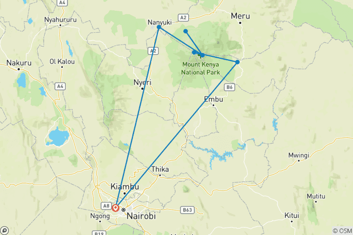 Map of 6 Days Mount Kenya Trekking Sirimon Route To Chogoria Route