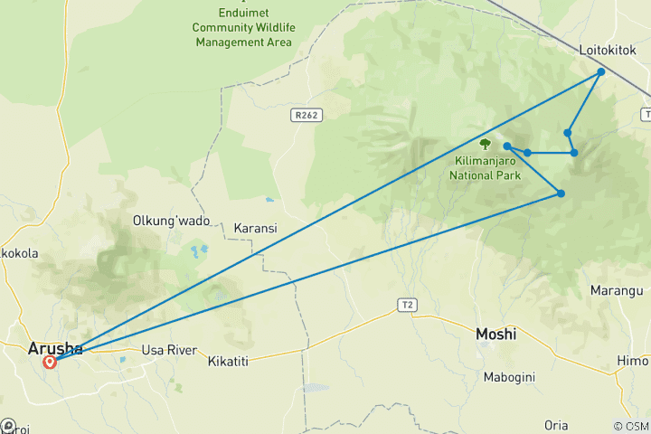 Karte von Kilimanjaro Besteigung über die Rongai Route (6/7 Tage )