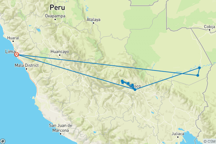 Mapa de 10/09 Lima, Cusco, Valle Sagrado, Machu Picchu y reserva Nacional de la selva de Tambopata