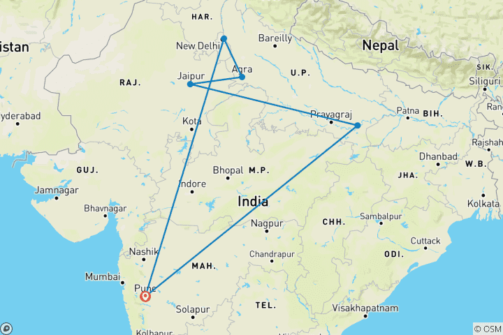 Mapa de Un viaje guiado privado de lujo al triángulo de oro y Benarés - desde Pune con vuelos: Taj Mahal, fuertes y palacios y Jaipur, Benarés