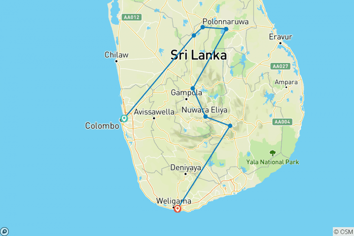 Mapa de Circuito de 5 días por Sri Lanka cargado de atracciones