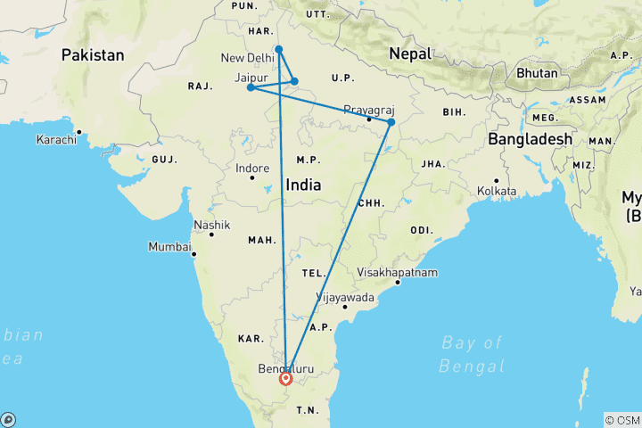 Mapa de Un viaje guiado privado de lujo al triángulo de oro y Benarés - desde Bangalore con vuelos: Taj Mahal, fuertes y palacios y Jaipur, Benarés