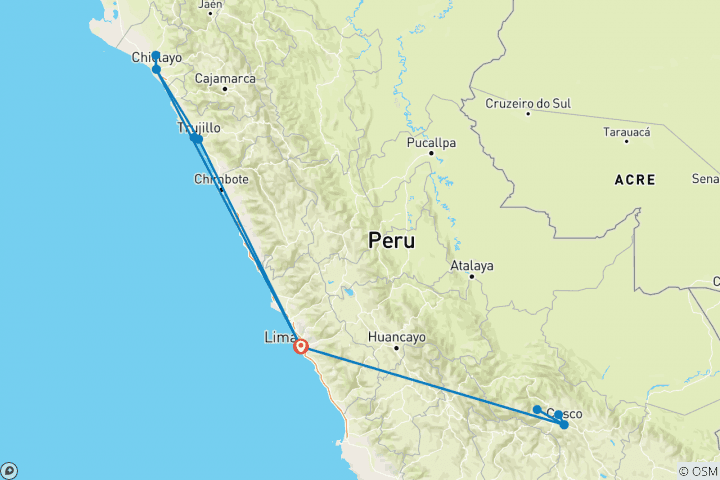 Karte von Lima, Chan Chan, Chiclayo, Sipan & Machu Picchu