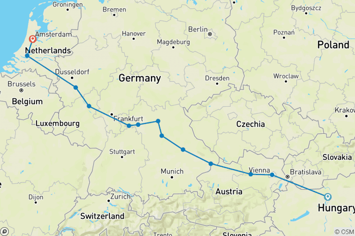 Kaart van Grote Europese rondreis - van Boedapest naar Amsterdam