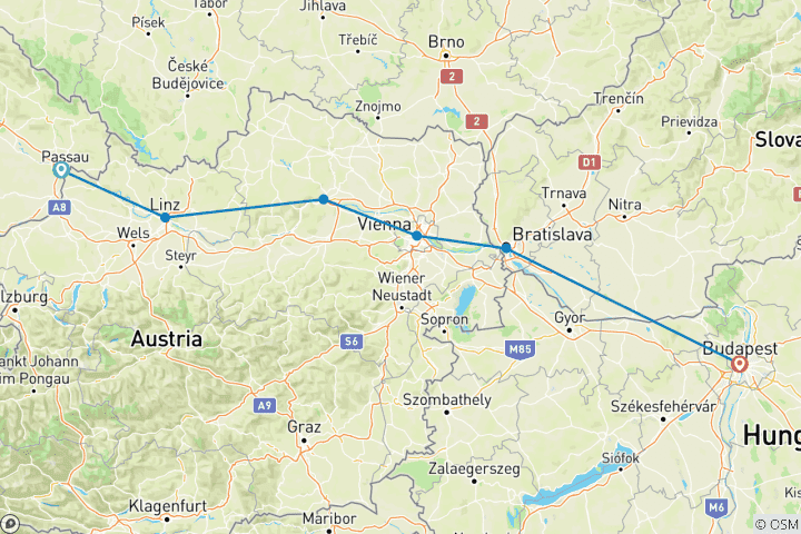 Map of Danube Waltz Passau to Budapest