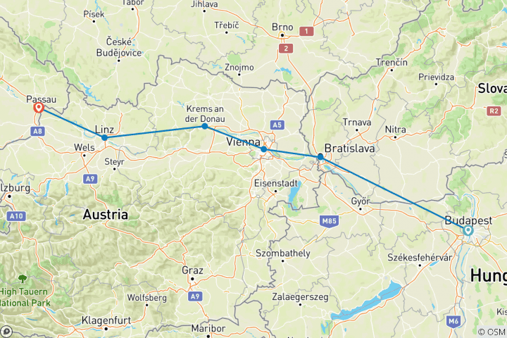 Carte du circuit Valse du Danube de Budapest à Passau