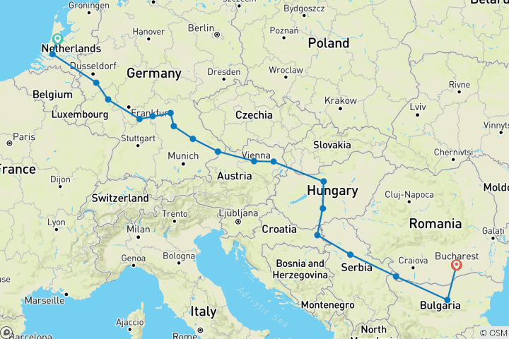 Karte von Europäischer Aufenthalt von Amsterdam bis Bukarest