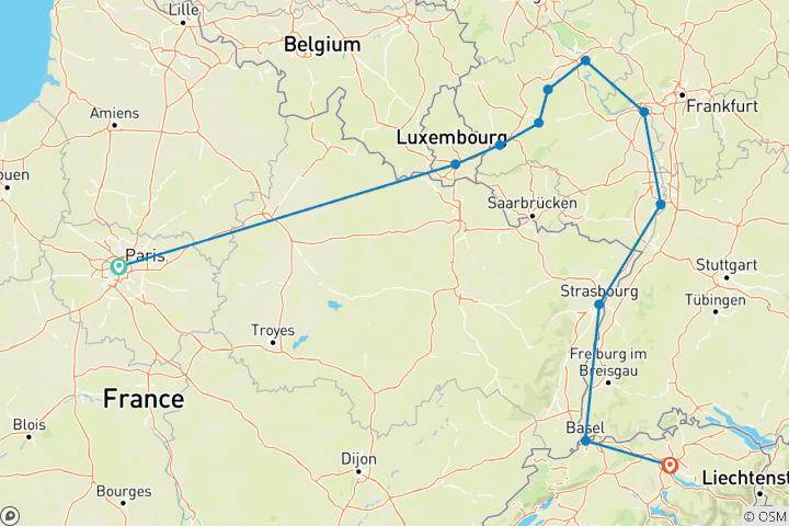 Mapa de De París a los Alpes suizos De Basilea a Tréveris