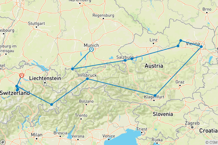 Karte von Landstraßen von Bayern, Schweiz & Österreich (Klassische Rundreise, 11 Tage)