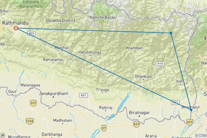 Kaart van Kanchenjunga South Base Camp korte trektocht voor 14 dagen