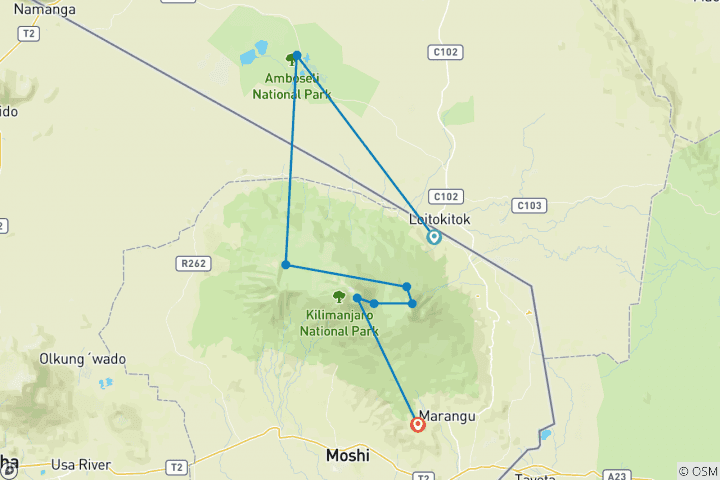 Karte von 7 Tage - Rongai-Route