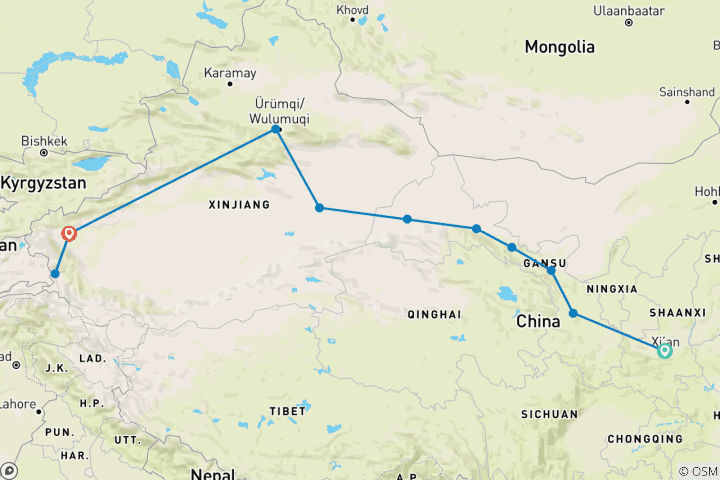 Map of 15 Days China Mysterious Silk Road Tour