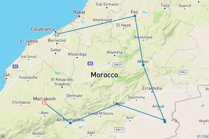 Carte du circuit Maroc Vacances en famille Confort (16 destinations)