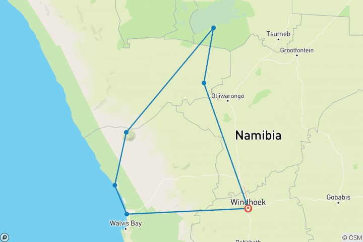 Kaart van Beleef Etosha, Brandberg & Twyfelfontein met een voorproefje van de westkust van Namibië