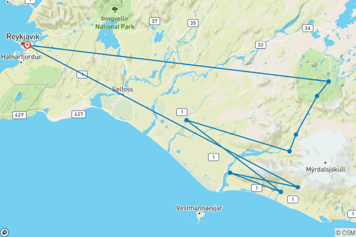 Map of Laugavegur Trek with glacier hike - 5 Day (Huts)