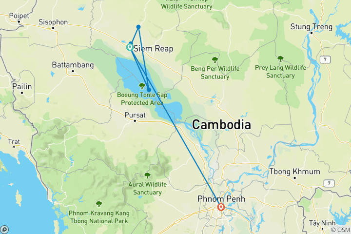 Karte von Höhepunkte aus Kambodscha nach Siemreap inkl. Angkor Wat und Phnom Penh