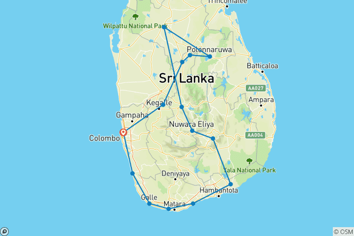 Map of Sri Lanka All island Classic Tour