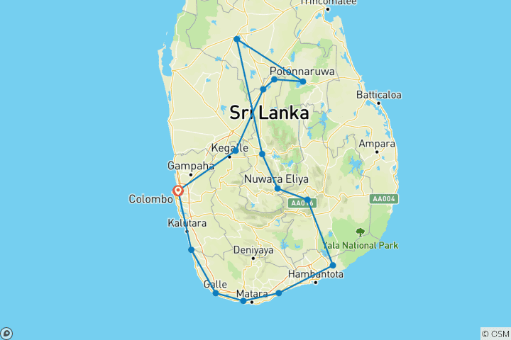 Carte du circuit Circuit classique dans toutes les îles du Sri Lanka