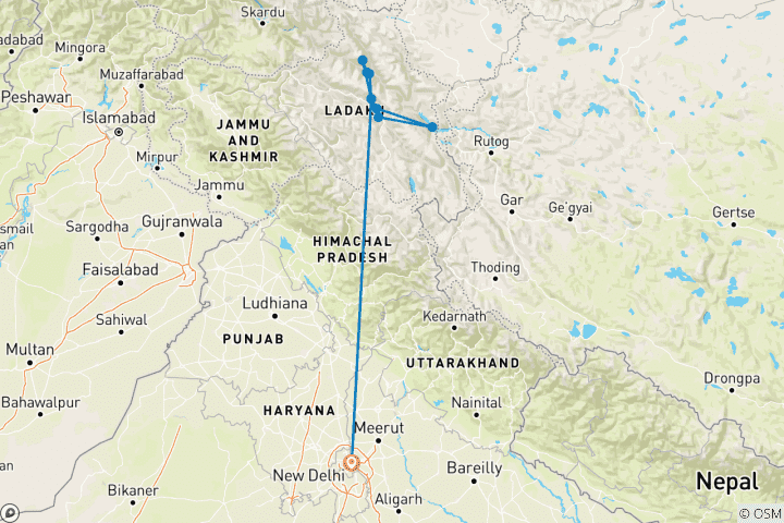 Map of Leh Ladakh Tour Package from Delhi