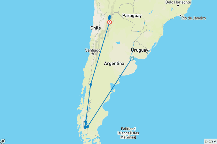 Map of Patagonia to Salta for couples (18 nights)