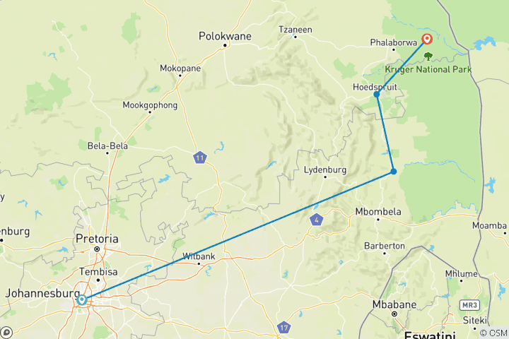 Carte du circuit 6 jours - Kruger, Swazi et Wild Coast - avec hébergement