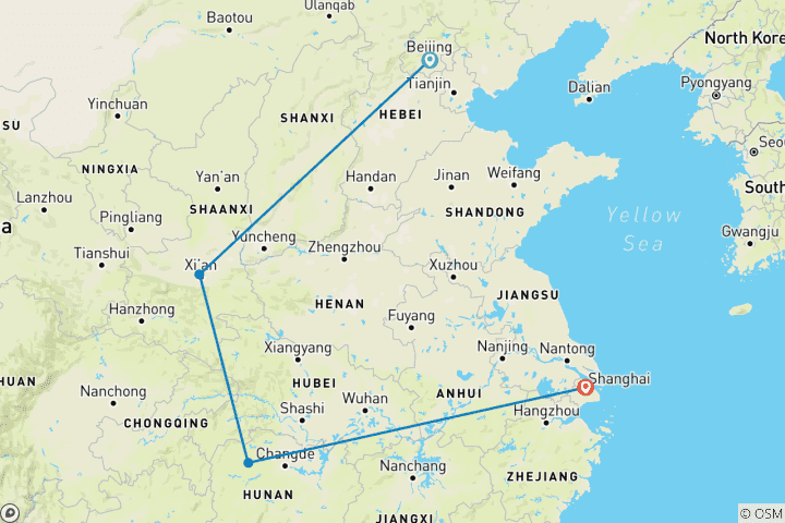 Carte du circuit Vacances personnalisées en Chine avec l'incroyable Zhangjiajie, départ quotidien