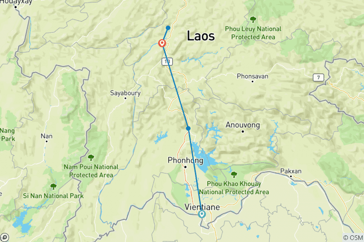 Kaart van Huwelijksreis naar het noorden van Laos - van Vientiane via Vang Vieng naar Luang Prabang