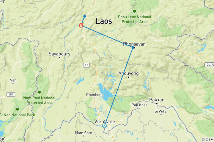 Kaart van Rondreis door Laos – met het beste van Vientiane – via Xieng Khouang & de Vlakte der Kruiken naar Luang Prabang