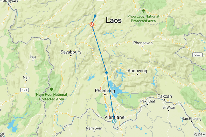 Map of Best Selling Laos Scenic Tour from Vientiane via Vang Vieng to Luang Prabang with Pak Ou & Kuangsi Waterfall
