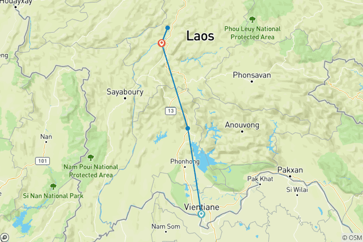 Map of Best Selling Laos Scenic Tour from Vientiane via Vang Vieng to Luang Prabang with Pak Ou & Kuangsi Waterfall