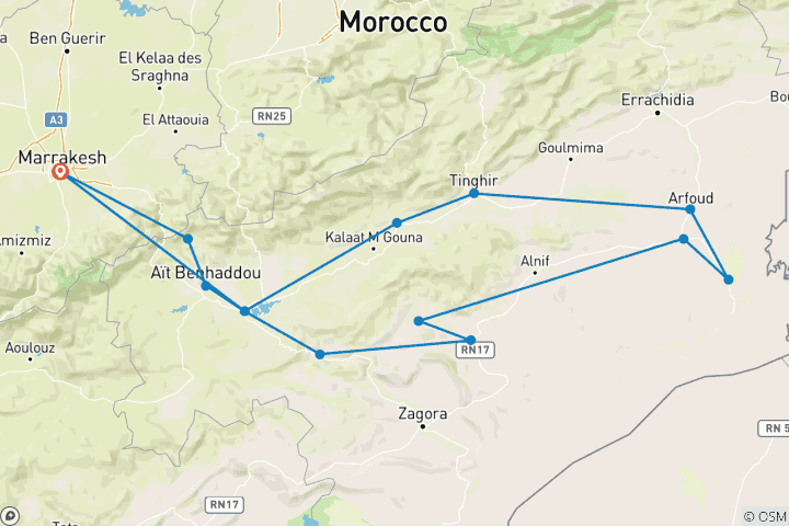 Carte du circuit 3 jours d'excursion dans le désert du Sahara au départ de Marrakech