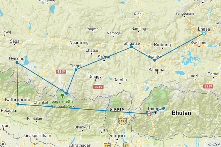 Mapa de Viaje de 13 días Tíbet Nepal Bután Clásico