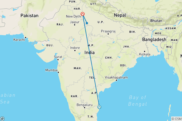 Mapa de Vuelo a Delhi: experimenta la majestuosidad del Taj Mahal y Agra desde Chennai